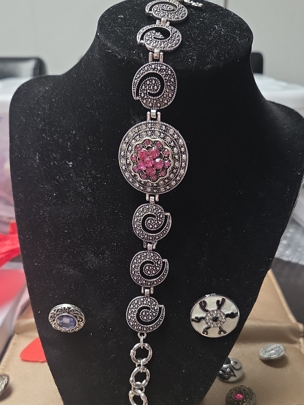 Silver-Tone Bracelet with Pink Gemstone Medallion Extra Snaps 5.00 Each